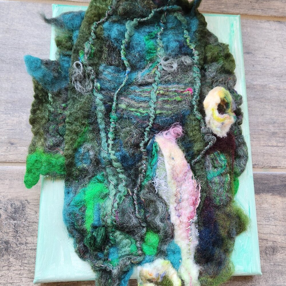 Art, hand felted, 9x11, 3D, abstract made with wool fibers combined with silk.